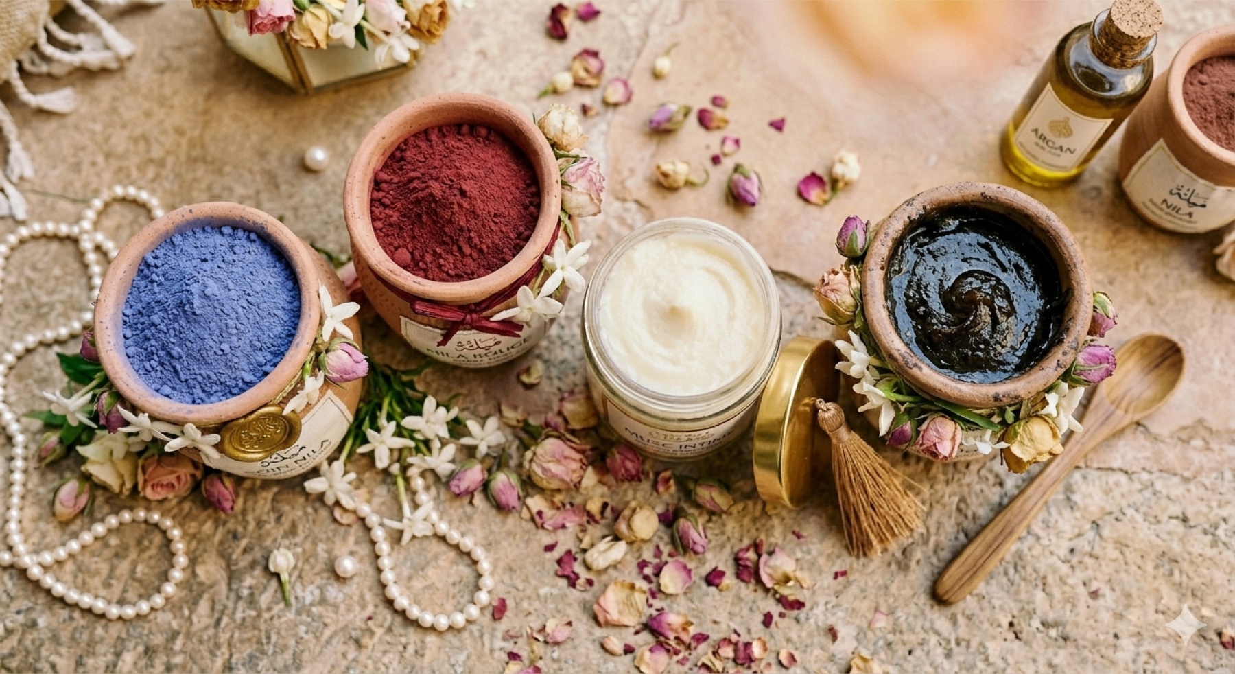 Rituel de beauté marocain : poudres, huile et savons sur un plateau en cuivre dans un riad
